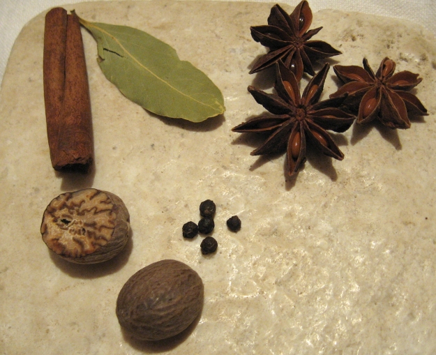 Cinnamon, bay, star anise, black pepper, and nutmeg