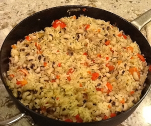 A pan of hot hoppin' john for New Years Eve